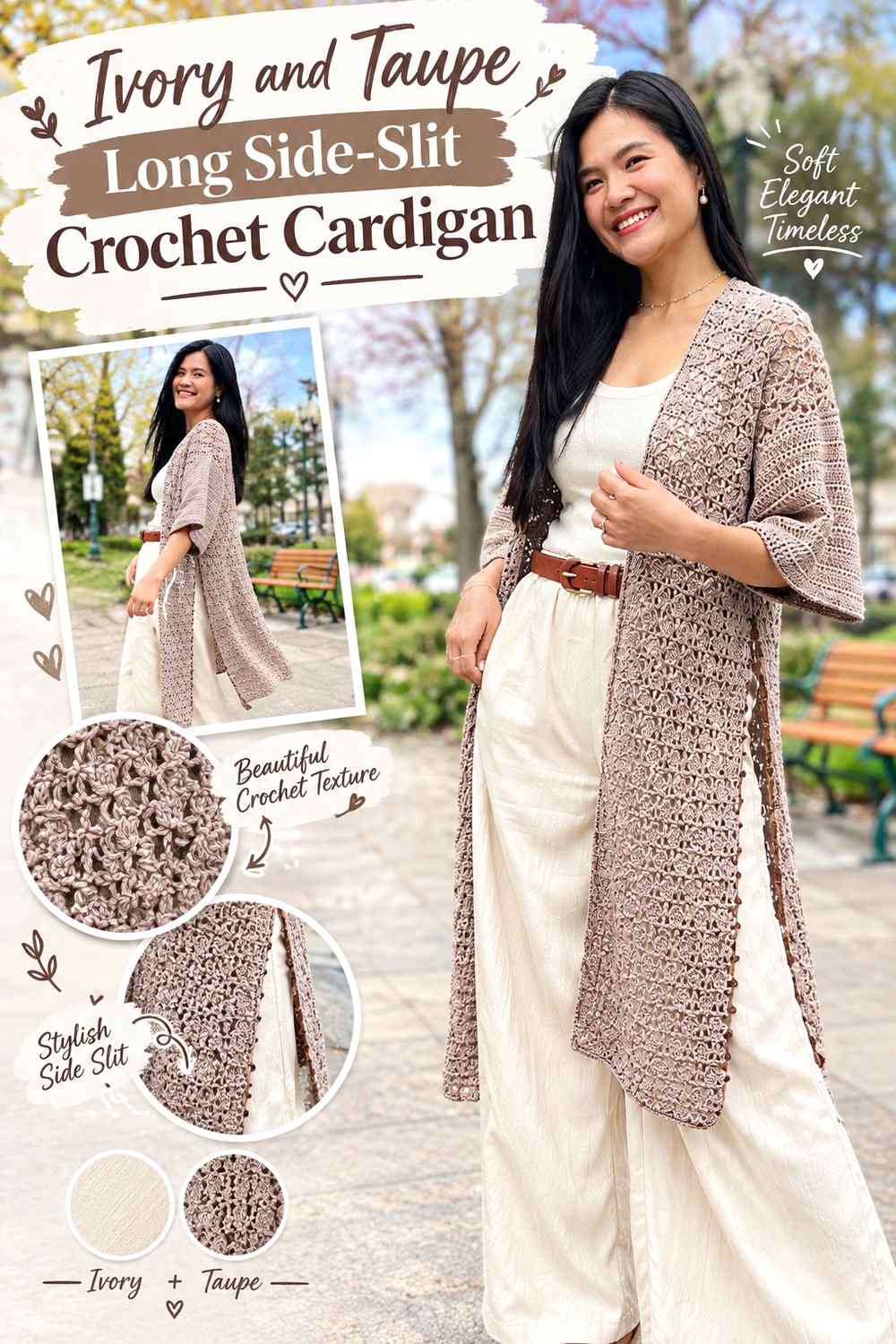 8. Ivory And Taupe Long Side Slit Crochet Cardigan