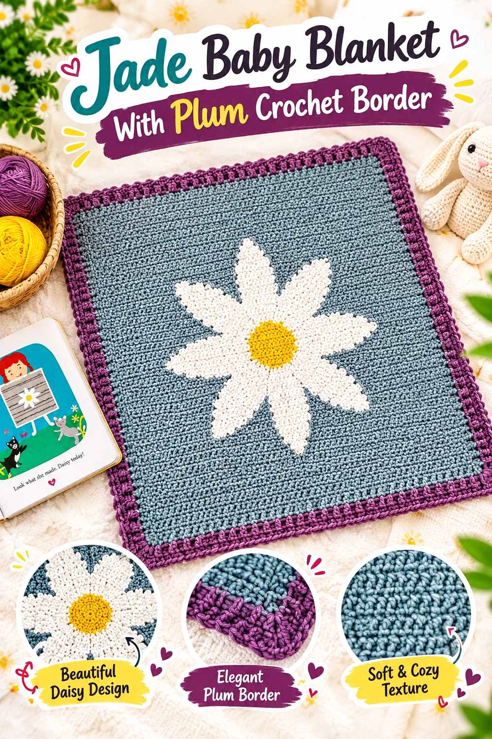 1. Jade Baby Blanket With Plum Crochet Border