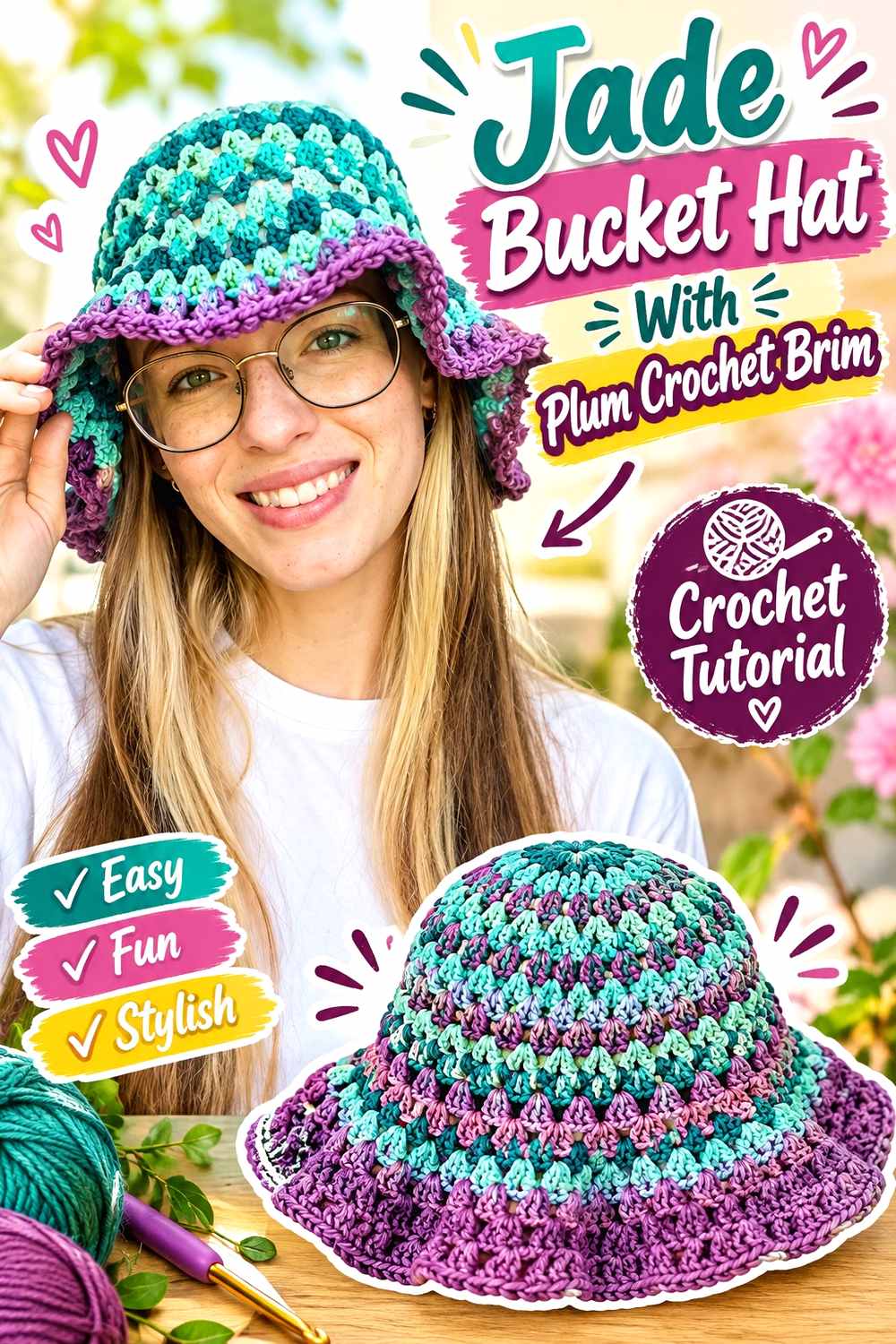 3. Jade Bucket Hat With Plum Crochet Brim