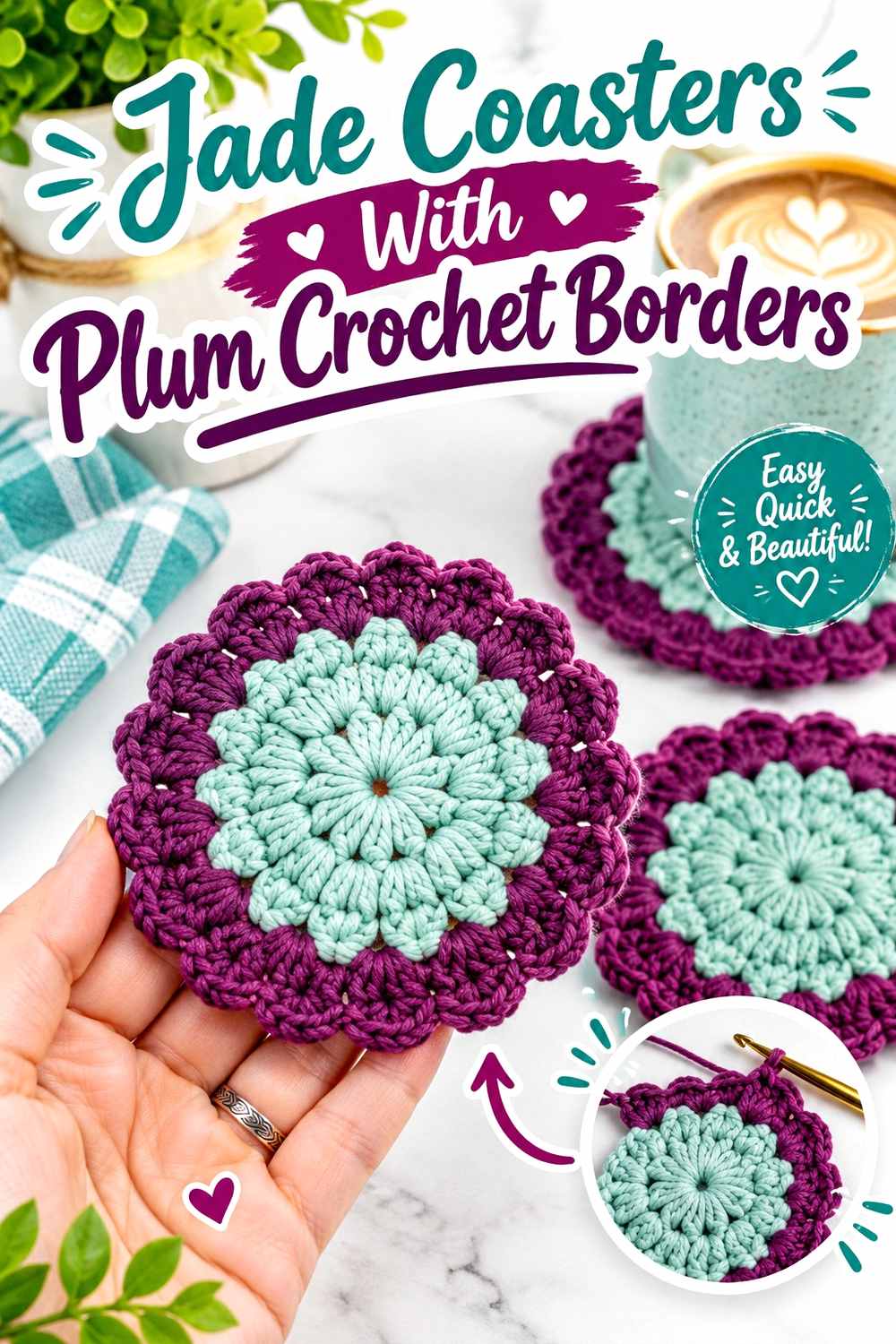 13. Jade Coasters With Plum Crochet Borders