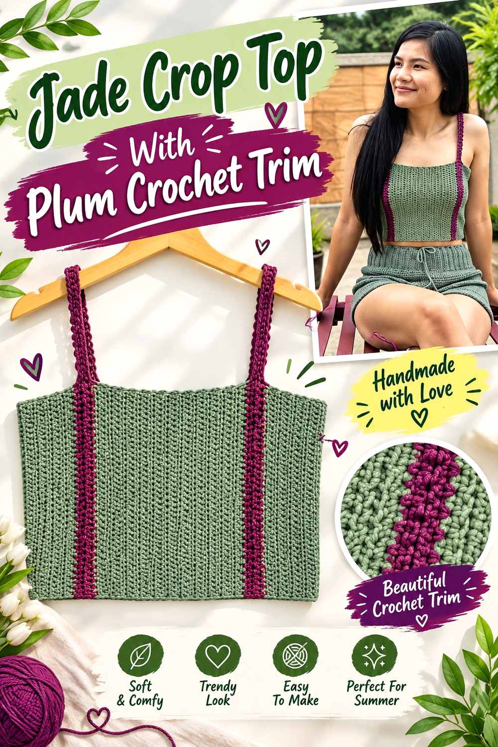 10. Jade Crop Top With Plum Crochet Trim