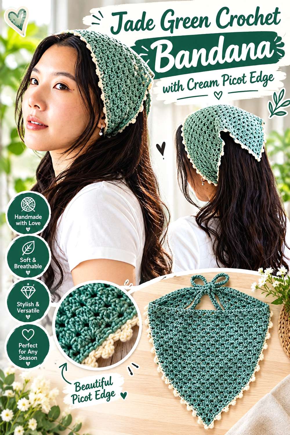 Jade Green Crochet Bandana with Cream Picot Edge
