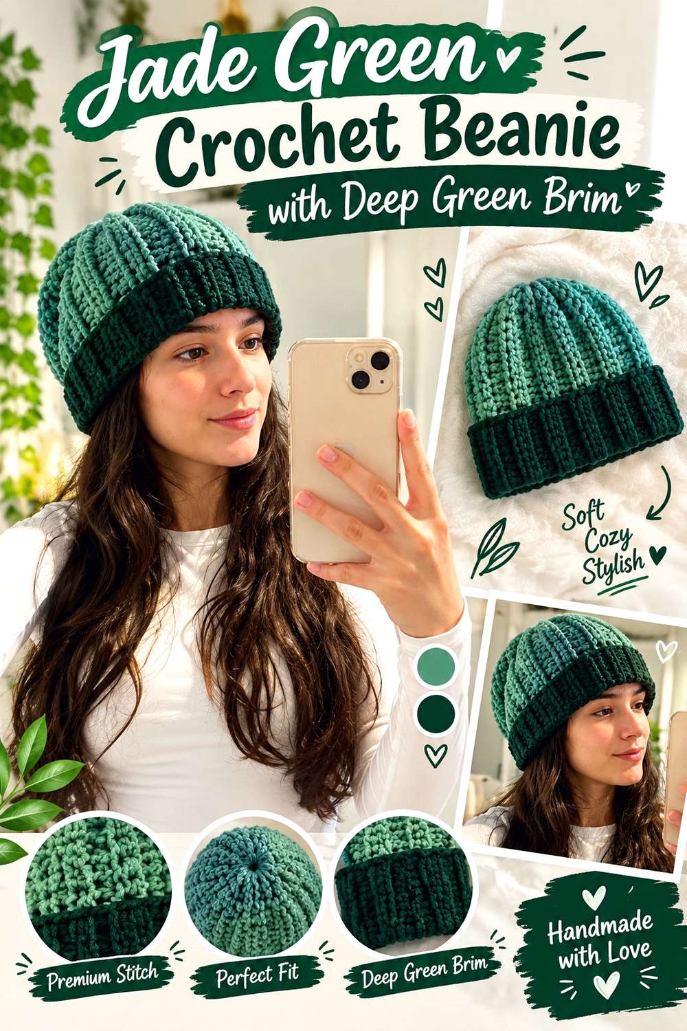 Jade Green Crochet Beanie with Deep Green Brim