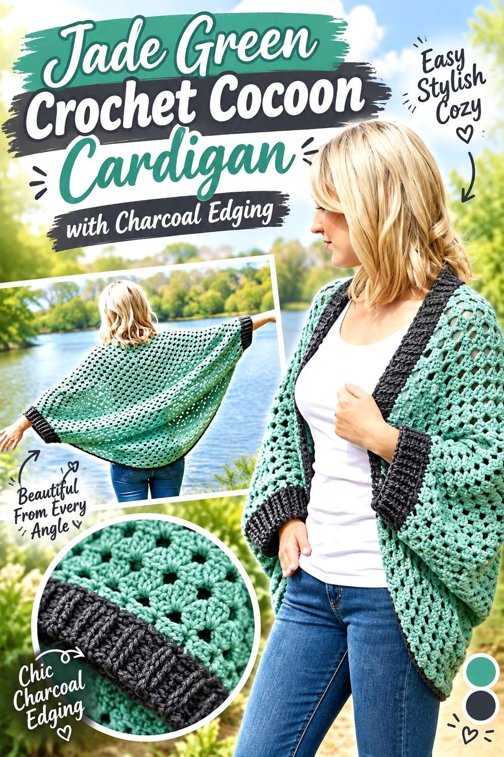Jade Green Crochet Cocoon Cardigan with Charcoal Edging