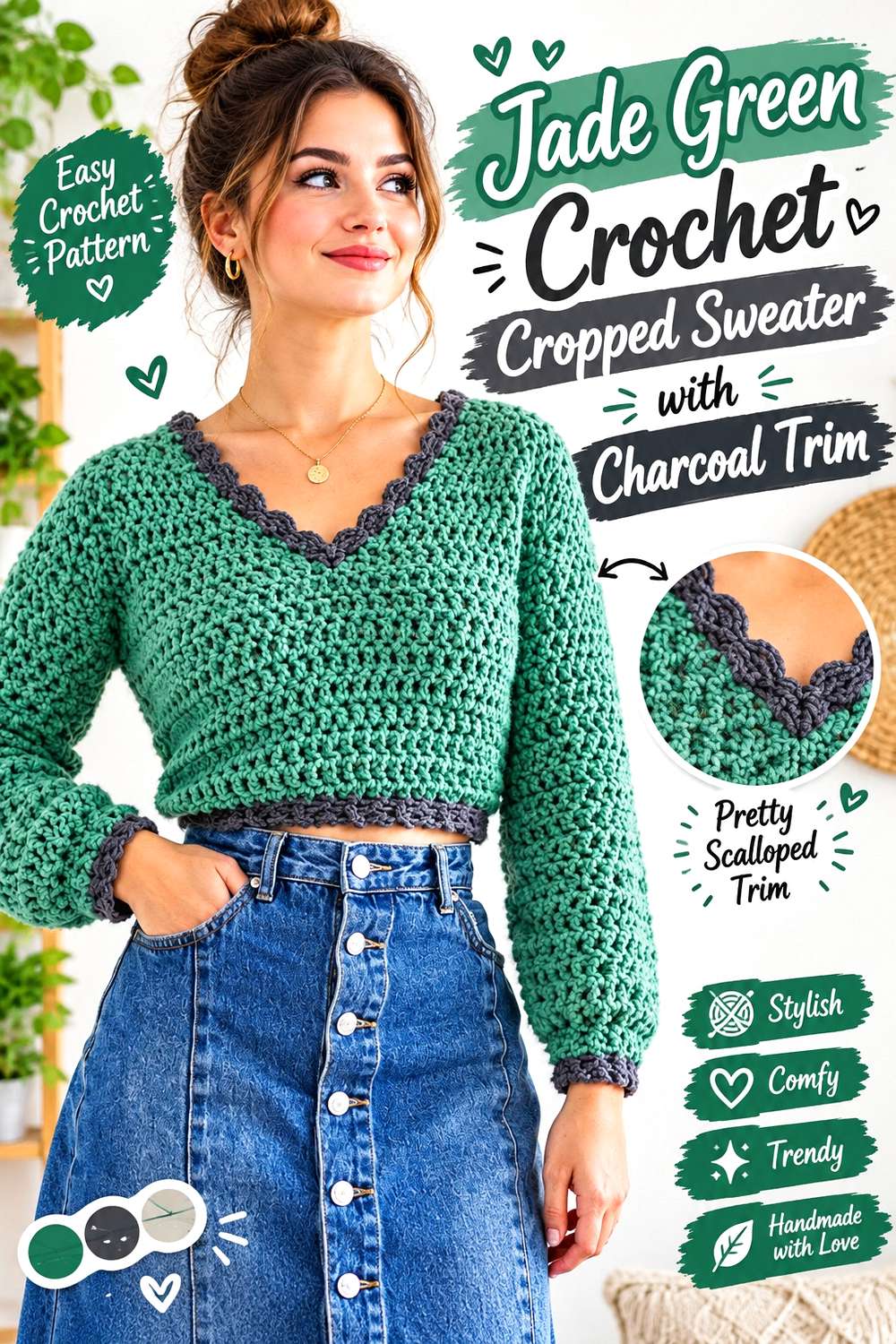 Jade Green Crochet Cropped Sweater with Charcoal Trim