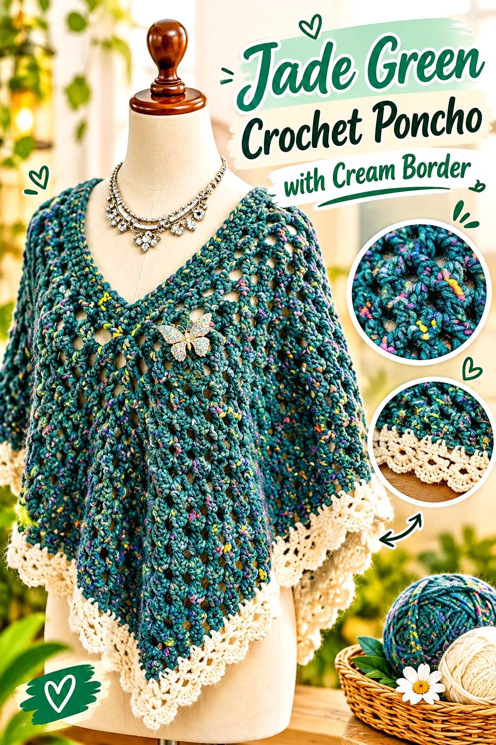 Jade Green Crochet Poncho with Cream Border