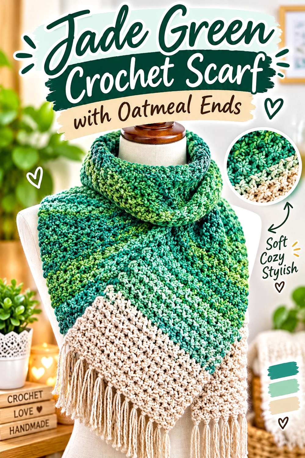 Jade Green Crochet Scarf with Oatmeal Ends