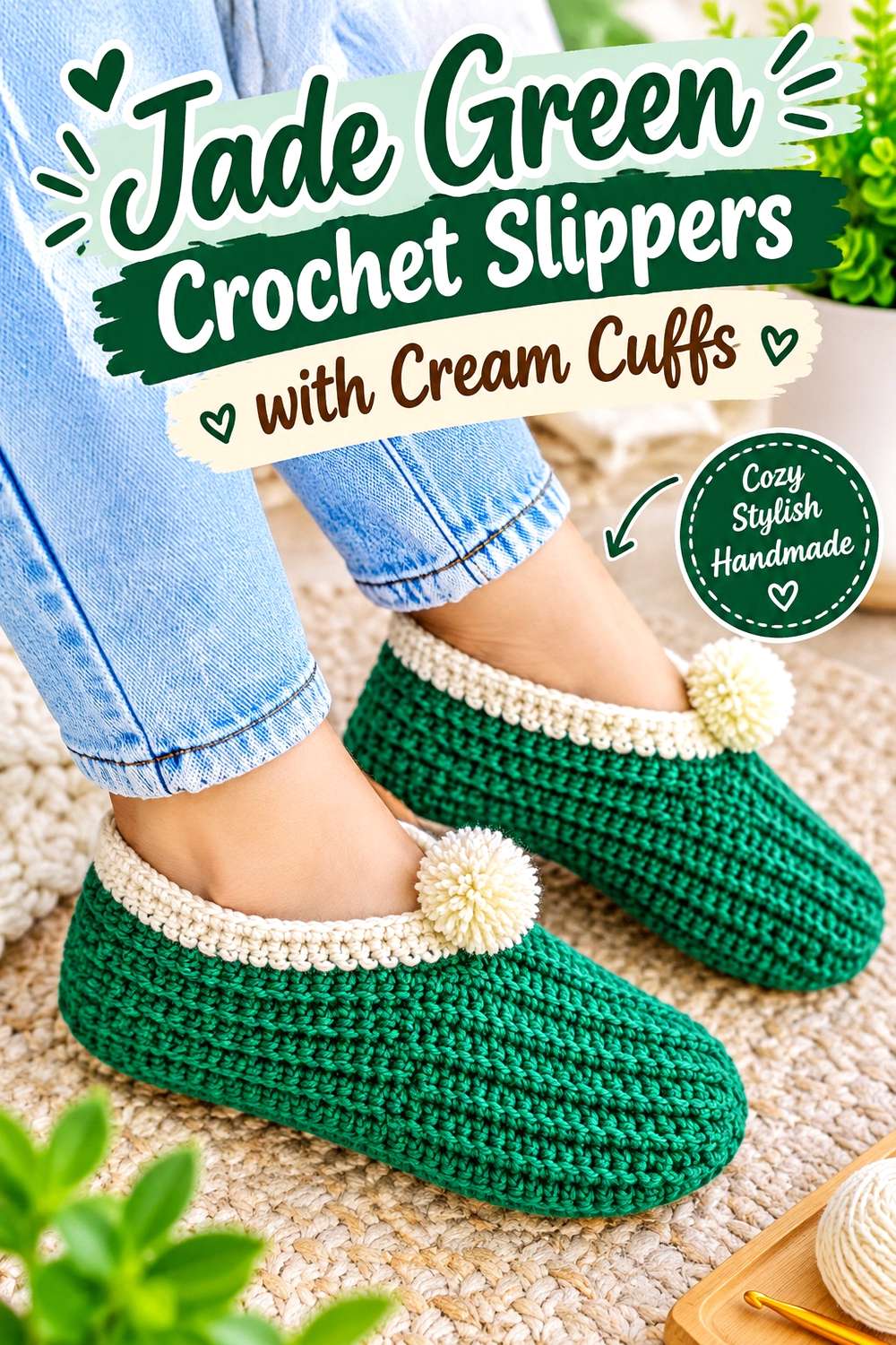 Jade Green Crochet Slippers with Cream Cuffs
