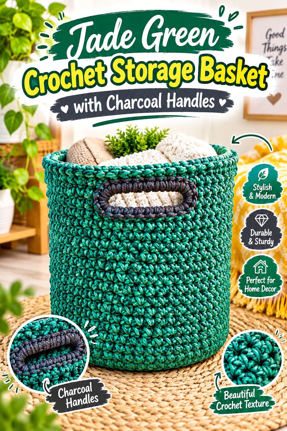 Jade Green Crochet Storage Basket with Charcoal Handles