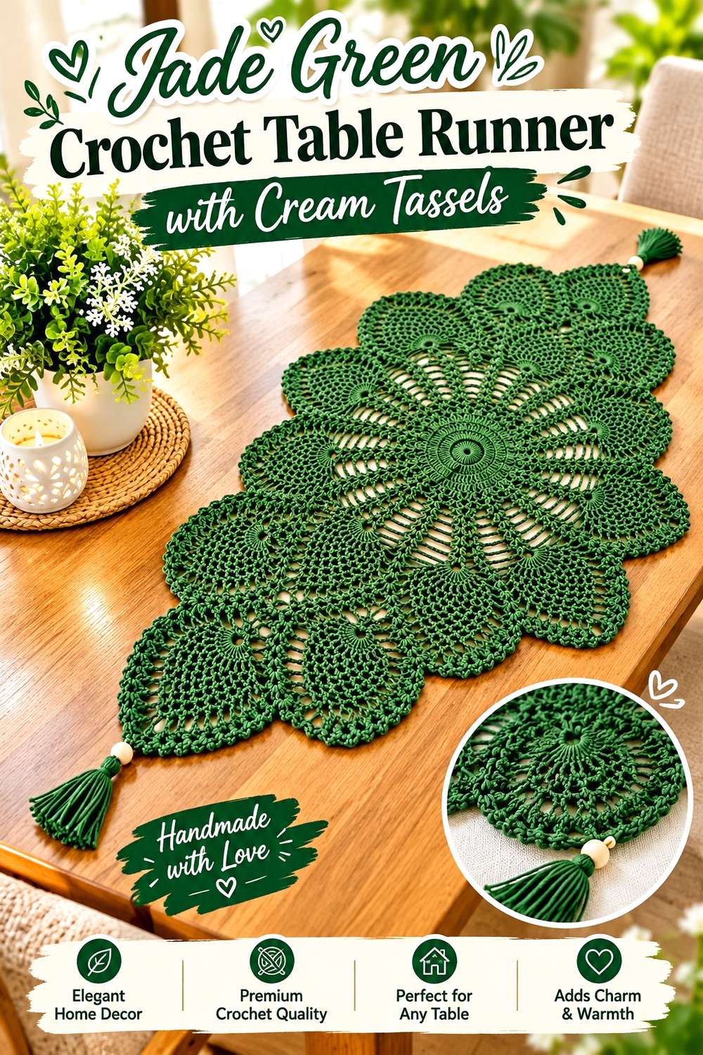 Jade Green Crochet Table Runner with Cream Tassels