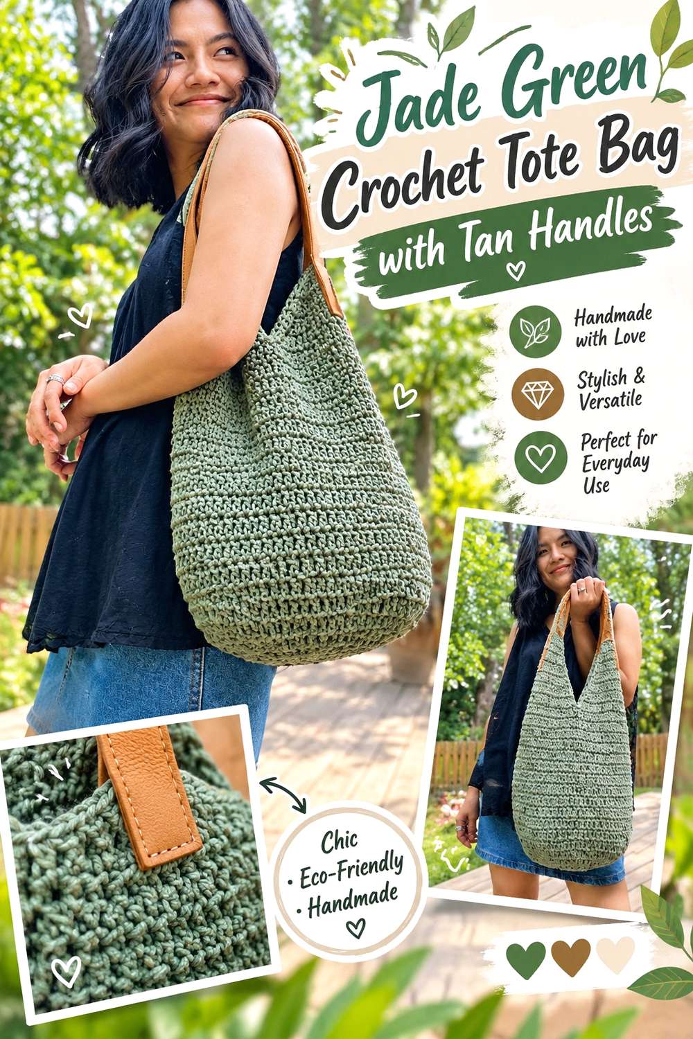 Jade Green Crochet Tote Bag with Tan Handles