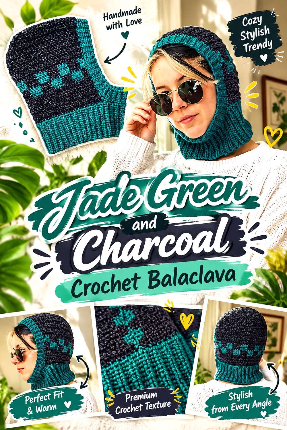Jade Green and Charcoal Crochet Balaclava
