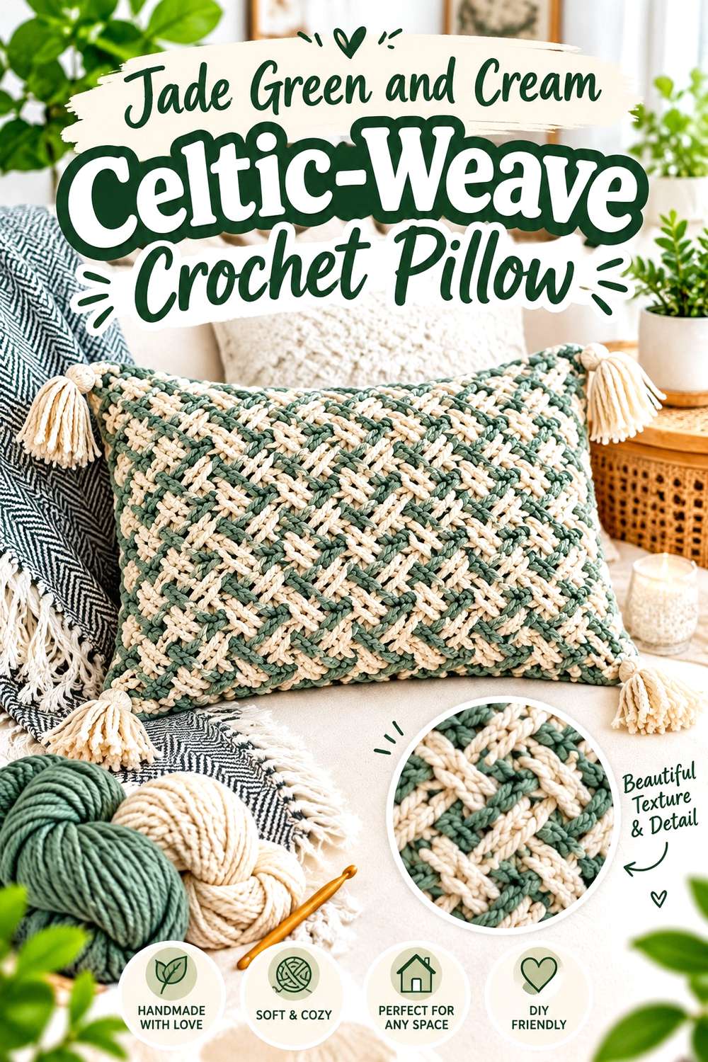 Jade Green and Cream Celtic-Weave Crochet Pillow