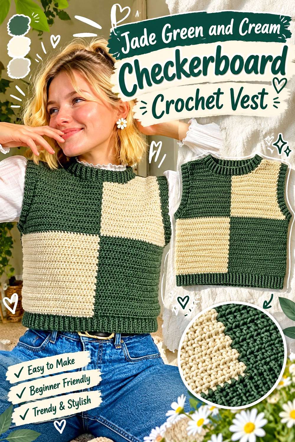 Jade Green and Cream Checkerboard Crochet Vest