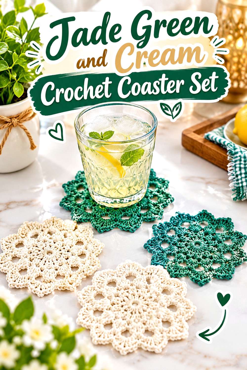 Jade Green and Cream Crochet Coaster Set