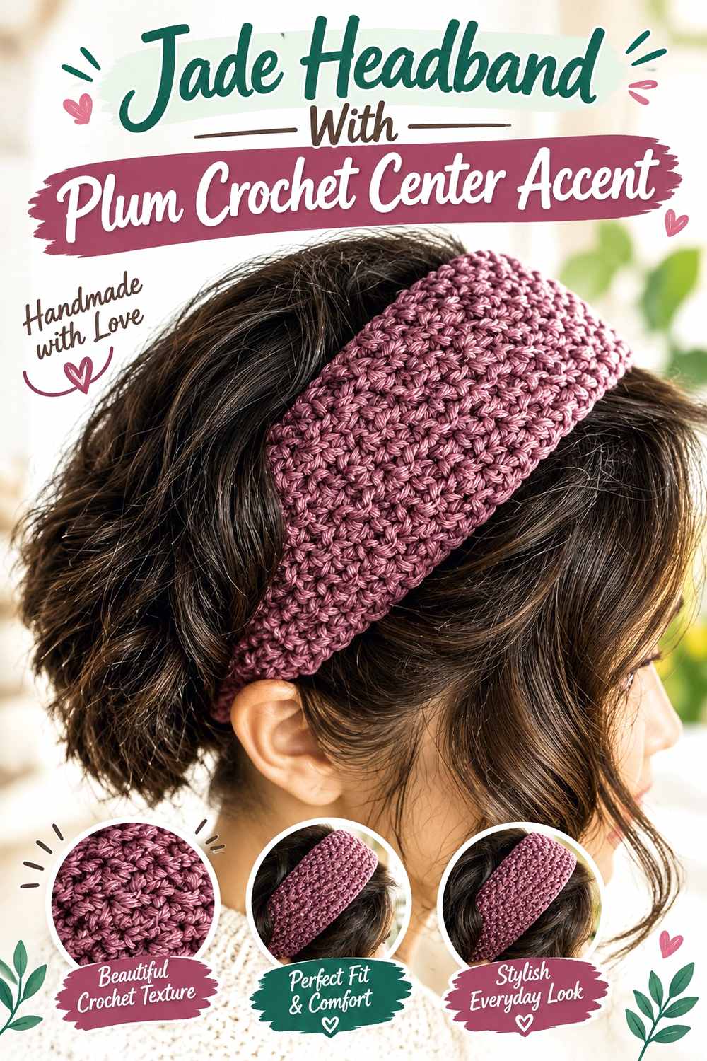 15. Jade Headband With Plum Crochet Center Accent