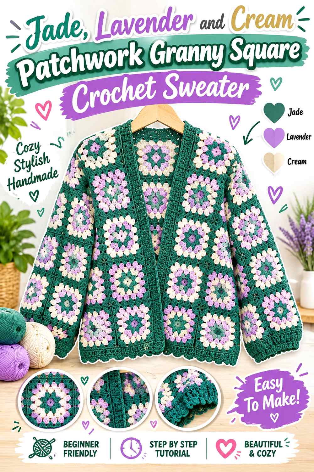 7. Jade Lavender And Cream Patchwork Granny Square Crochet Sweater