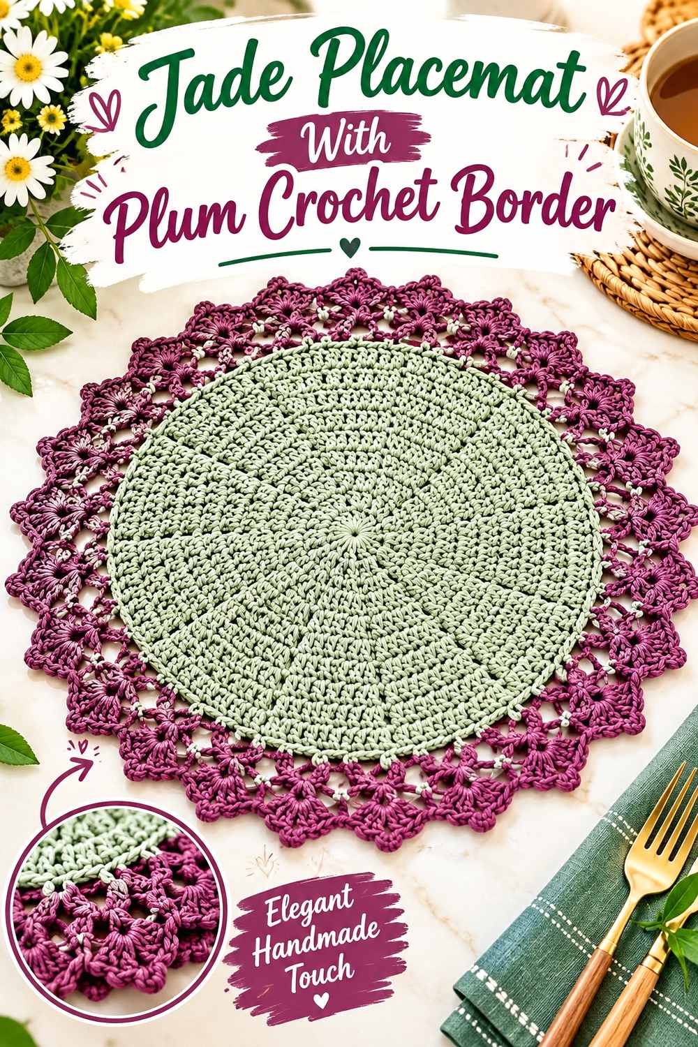 22. Jade Placemat With Plum Crochet Border
