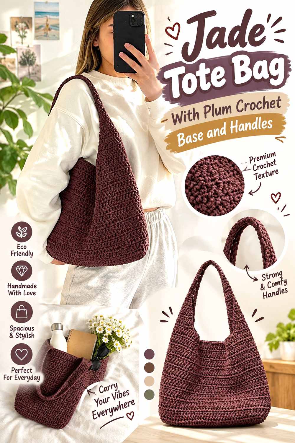 8. Jade Tote Bag With Plum Crochet Base And Handles