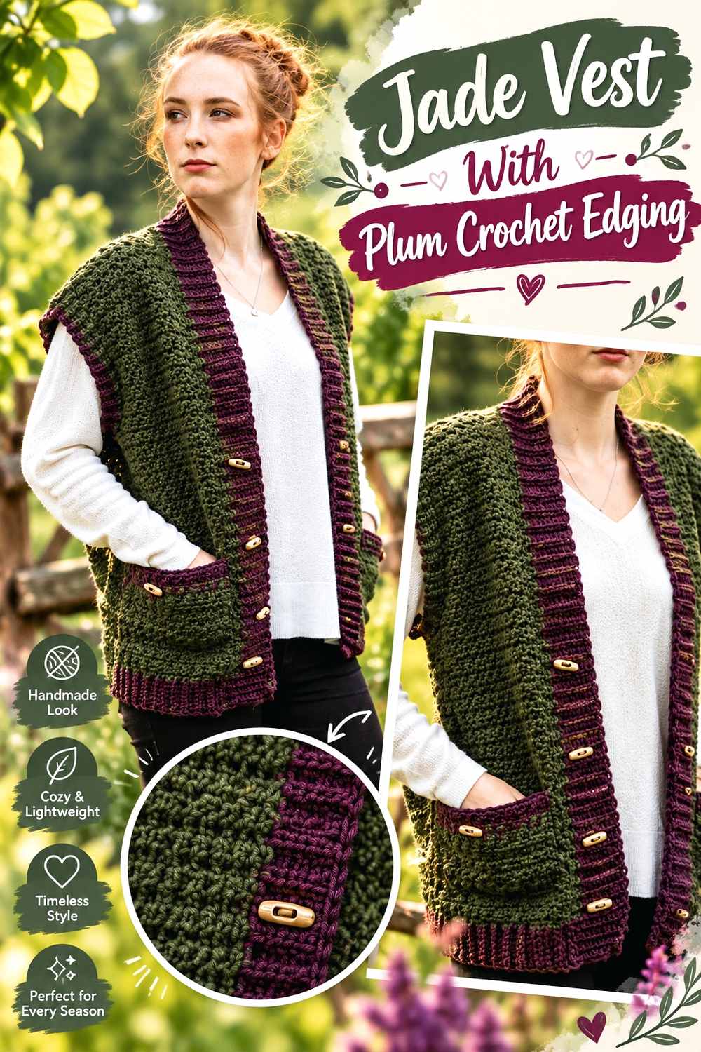 18. Jade Vest With Plum Crochet Edging