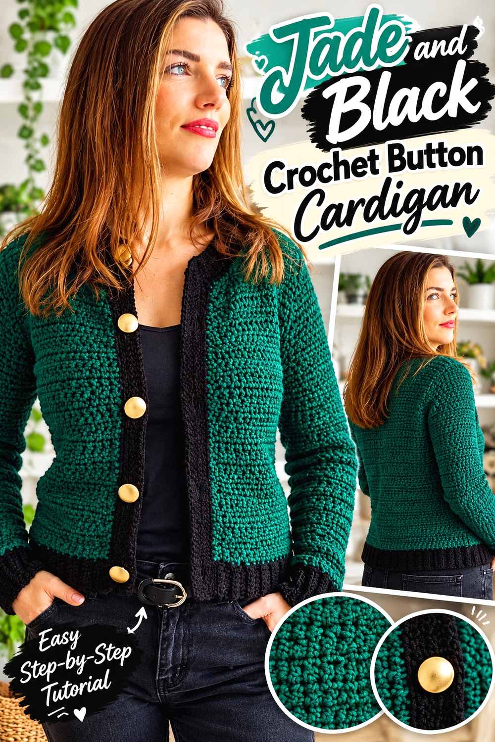 14. Jade And Black Crochet Button Cardigan