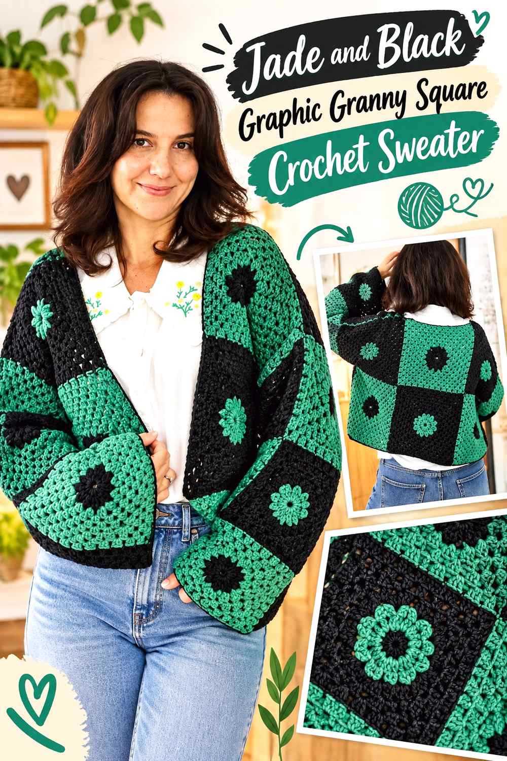 8. Jade And Black Graphic Granny Square Crochet Sweater