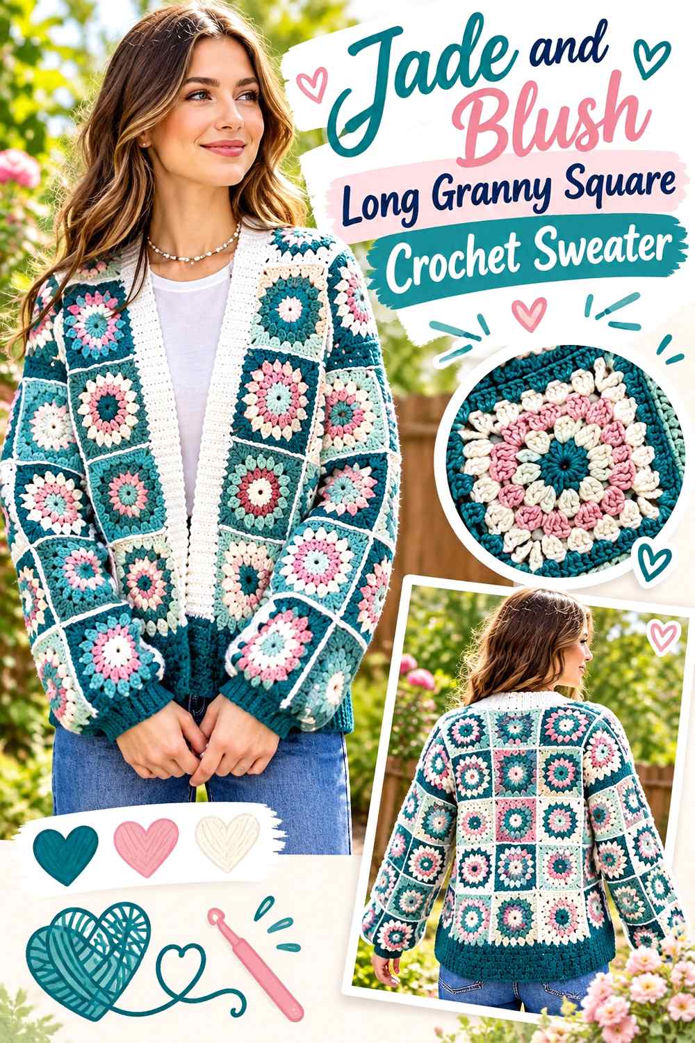 4. Jade And Blush Long Granny Square Crochet Sweater