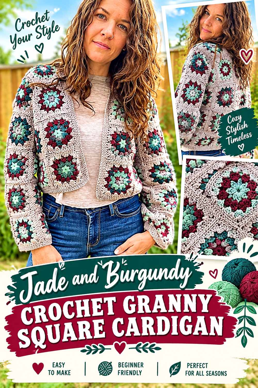 2. Jade And Burgundy Crochet Granny Square Cardigan