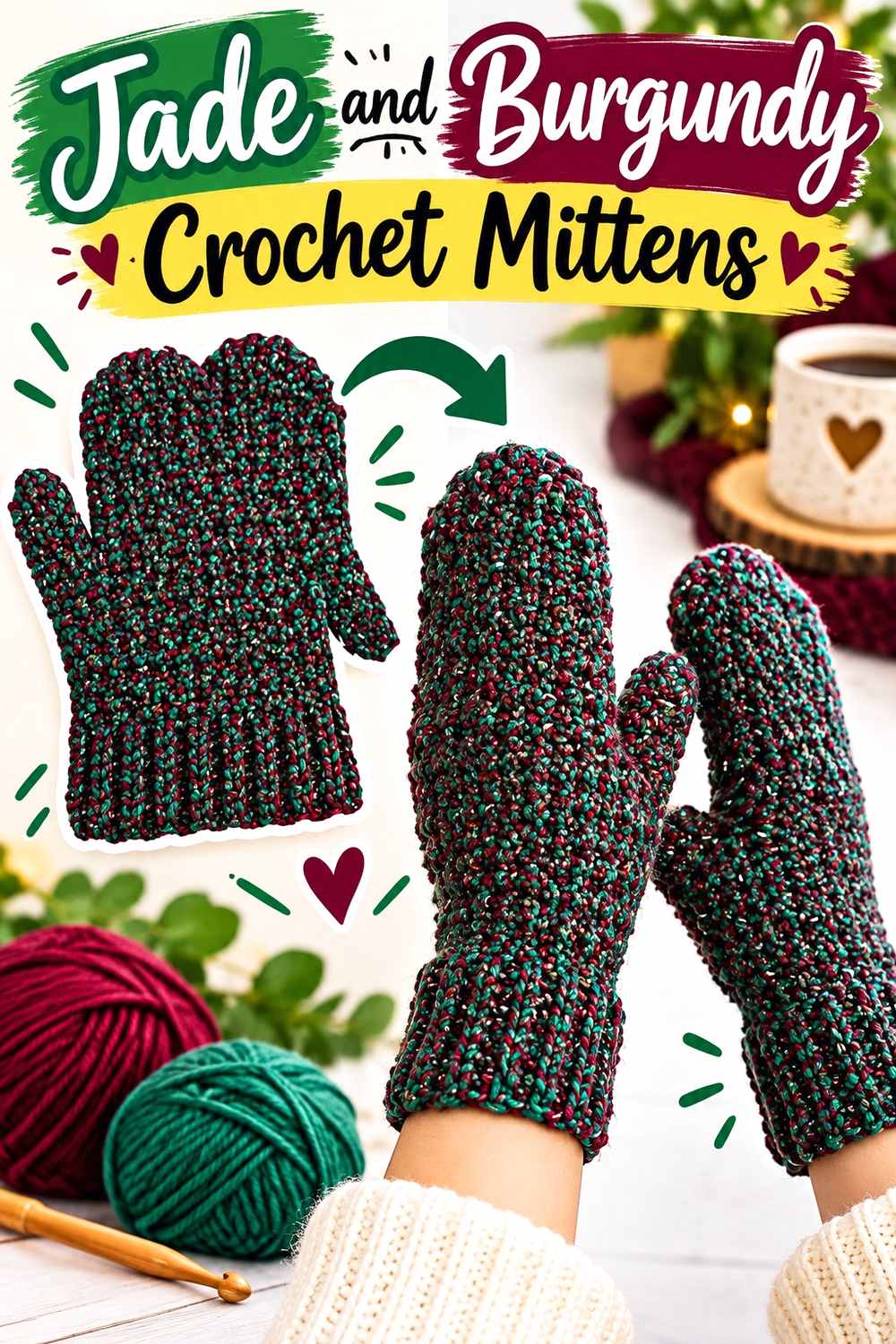 10. Jade And Burgundy Crochet Mittens