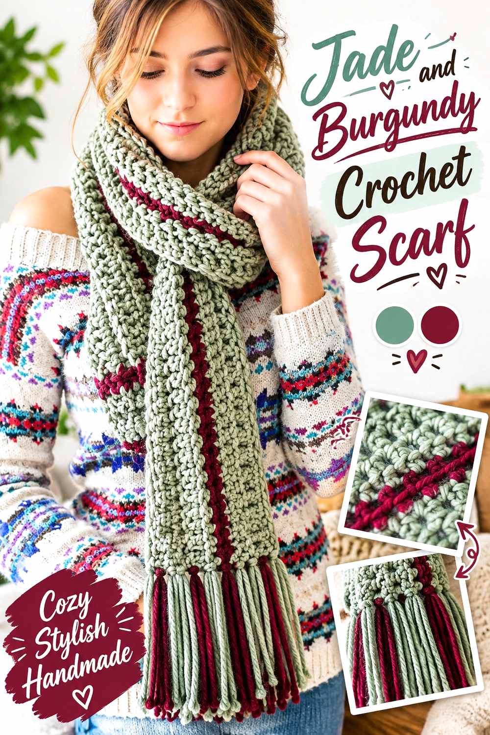 5. Jade And Burgundy Crochet Scarf