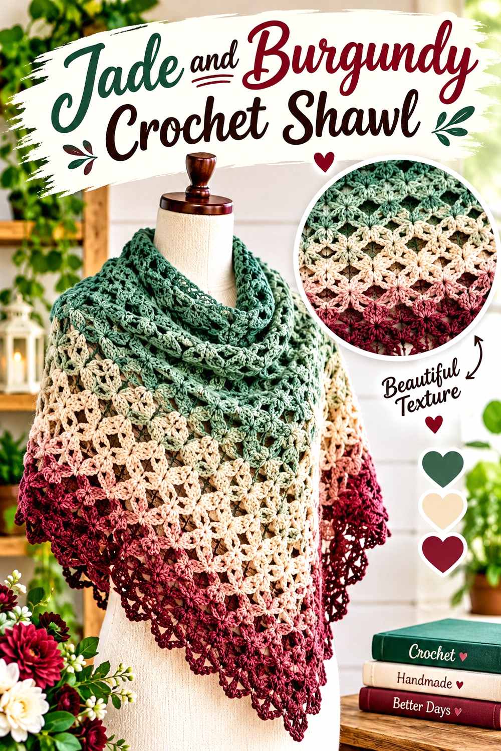 6. Jade And Burgundy Crochet Shawl