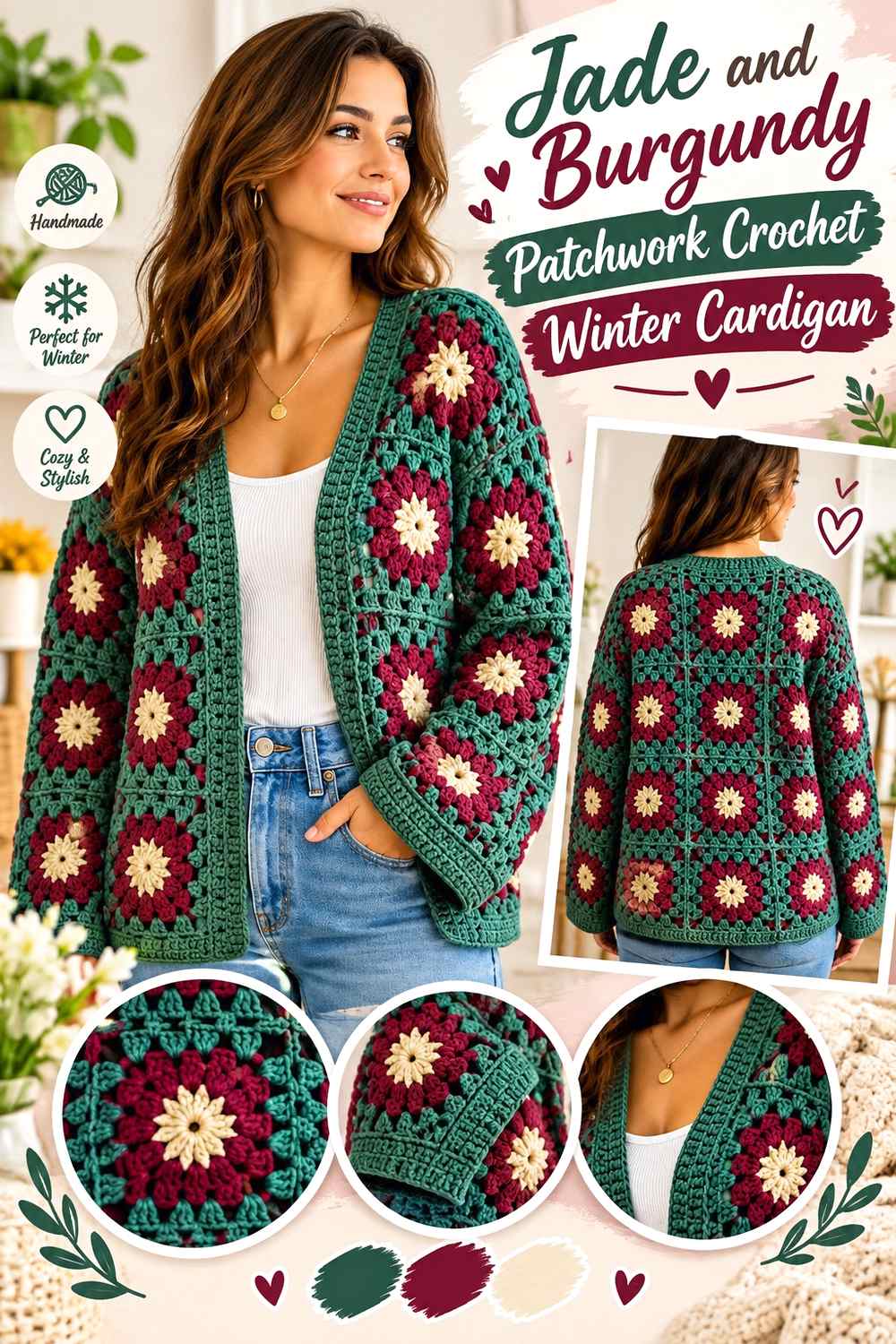 6. Jade And Burgundy Patchwork Crochet Winter Cardigan