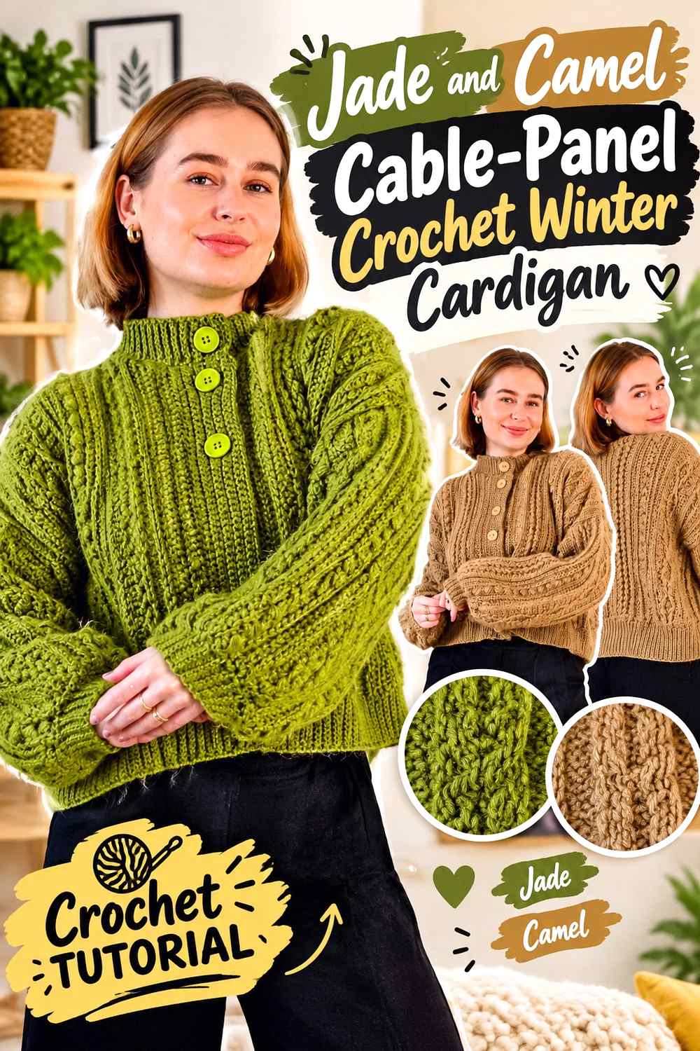 3. Jade And Camel Cable Panel Crochet Winter Cardigan