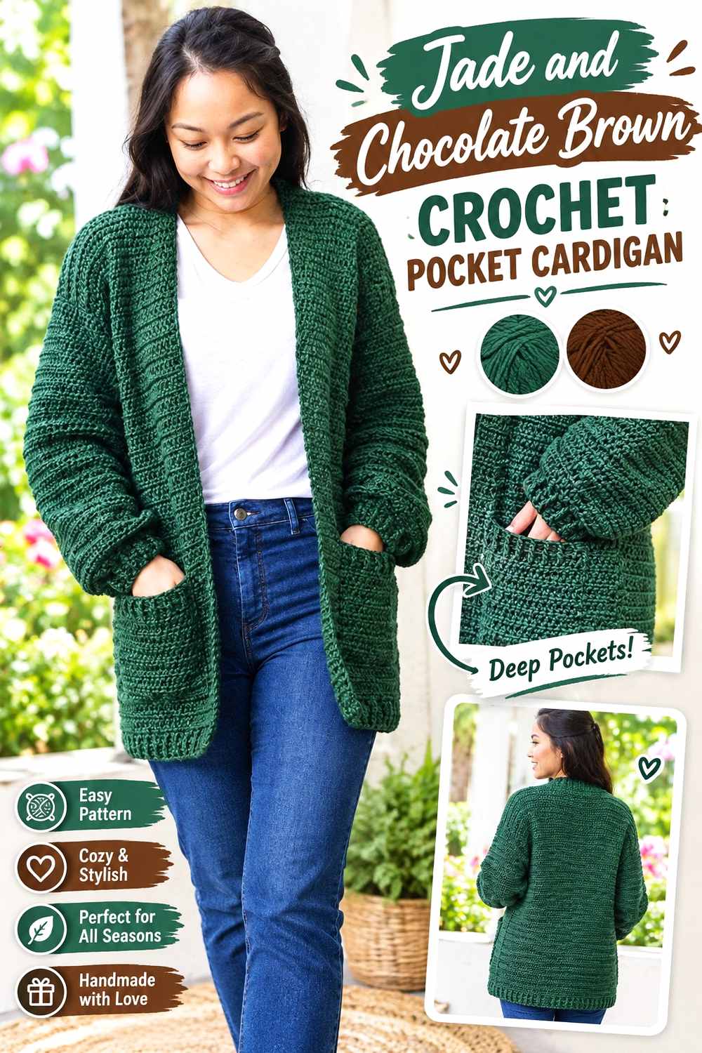9. Jade And Chocolate Brown Crochet Pocket Cardigan