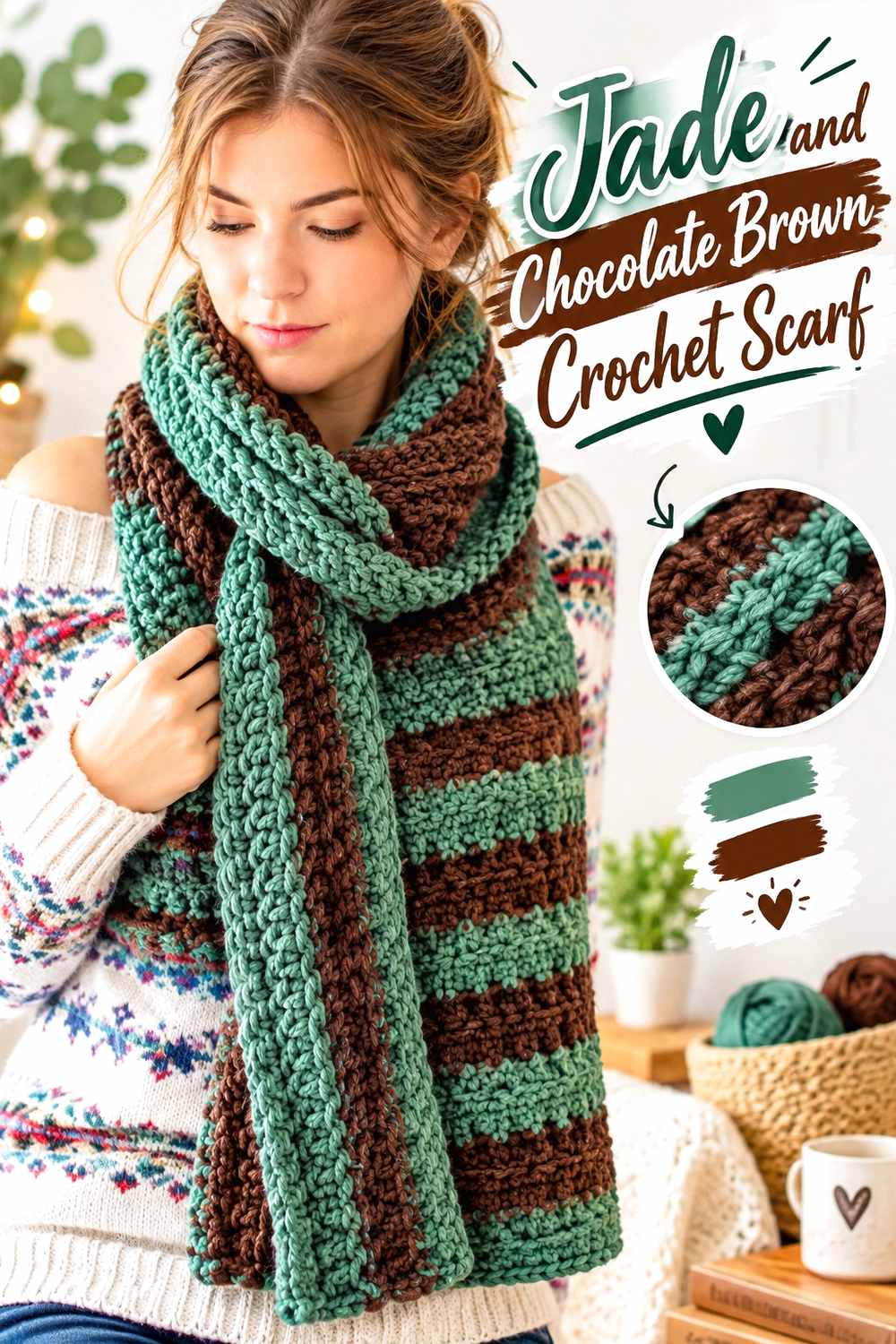 5. Jade And Chocolate Brown Crochet Scarf