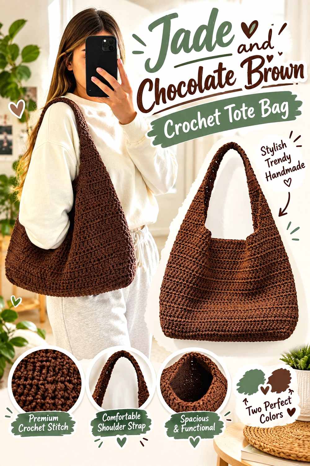 8. Jade And Chocolate Brown Crochet Tote Bag