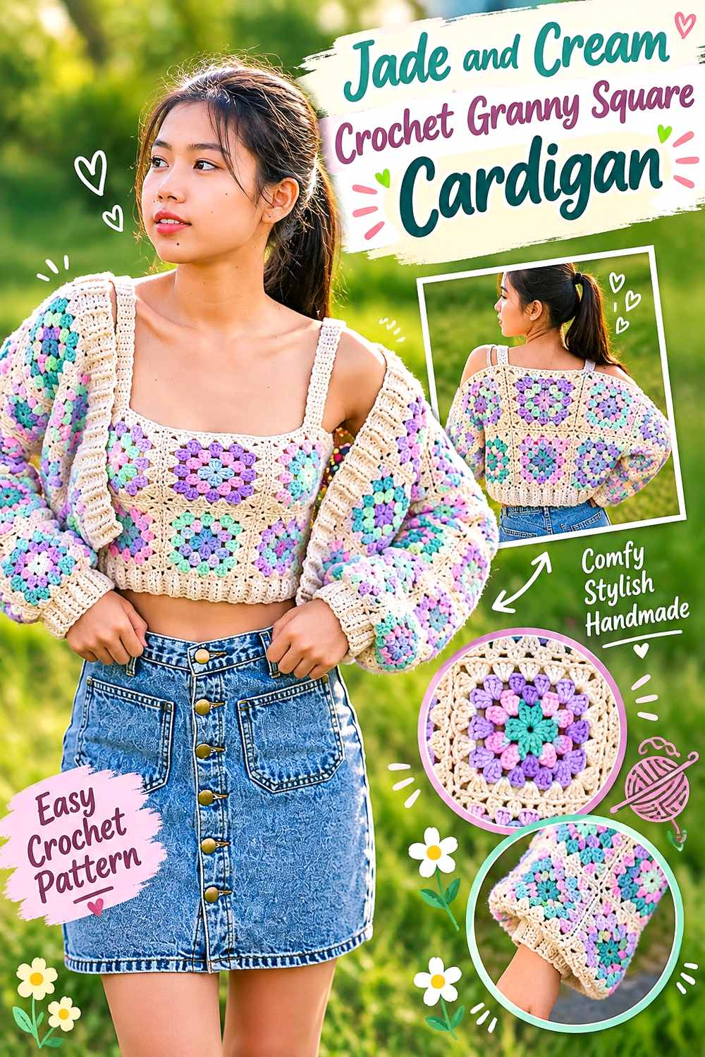 2. Jade And Cream Crochet Granny Square Cardigan