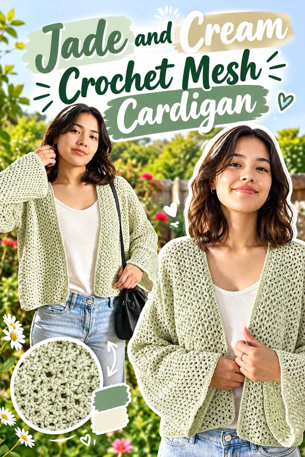 1. Jade And Cream Crochet Mesh Cardigan