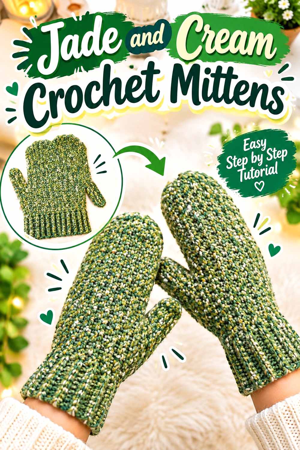12. Jade And Cream Crochet Mittens
