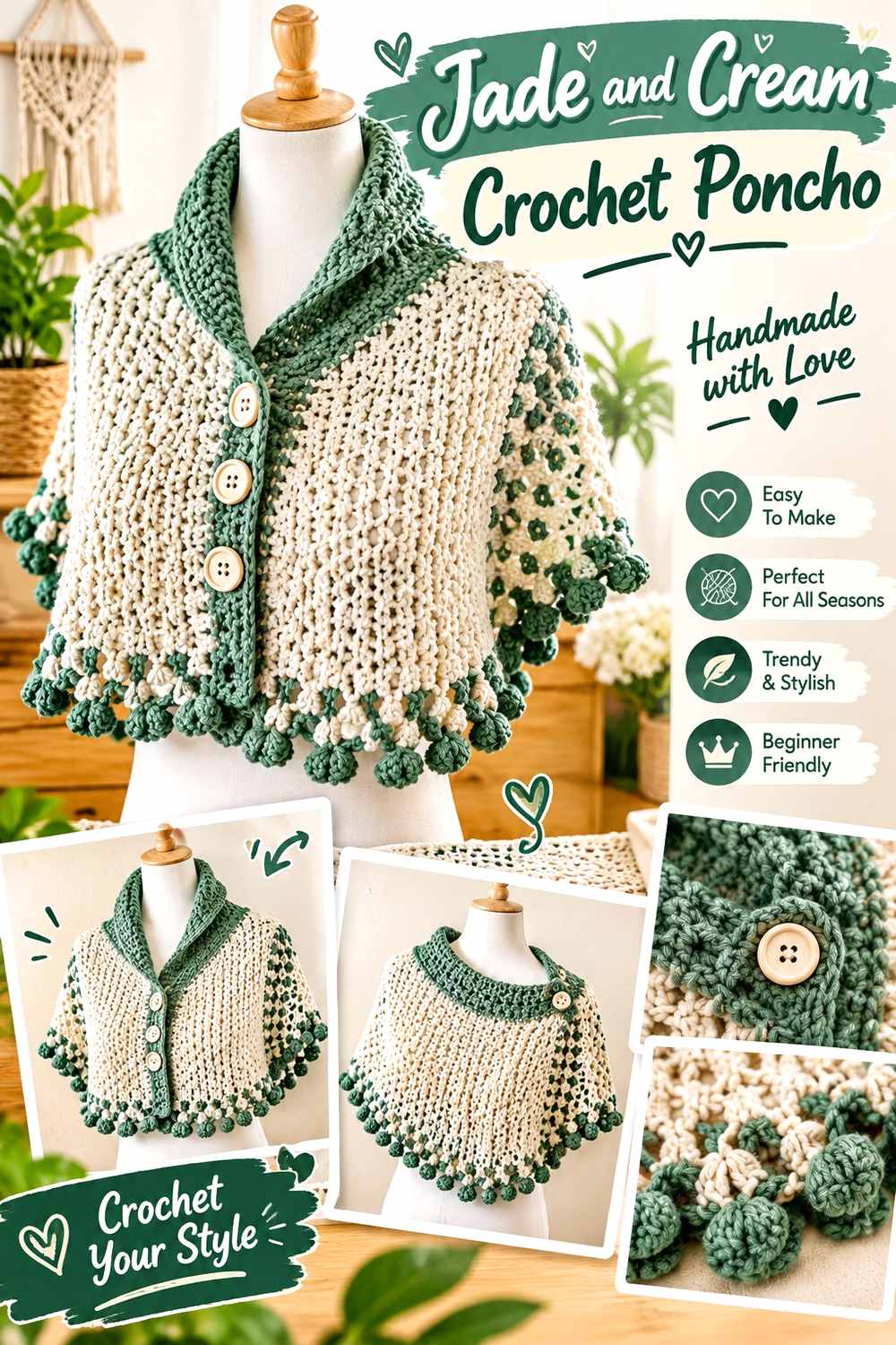 11. Jade And Cream Crochet Poncho