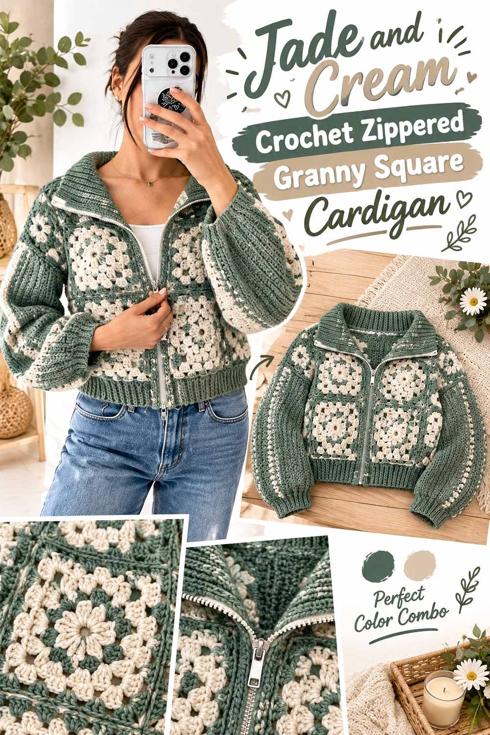 17. Jade And Cream Crochet Zippered Granny Square Cardigan