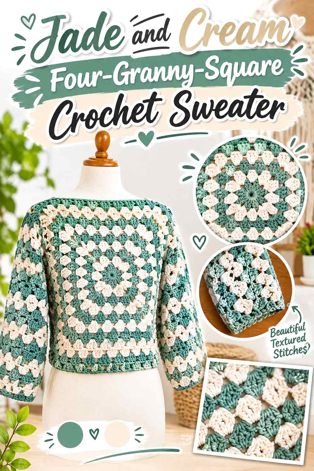 1. Jade And Cream Four Granny Square Crochet Sweater