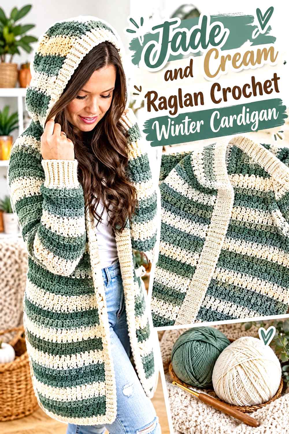1. Jade And Cream Raglan Crochet Winter Cardigan