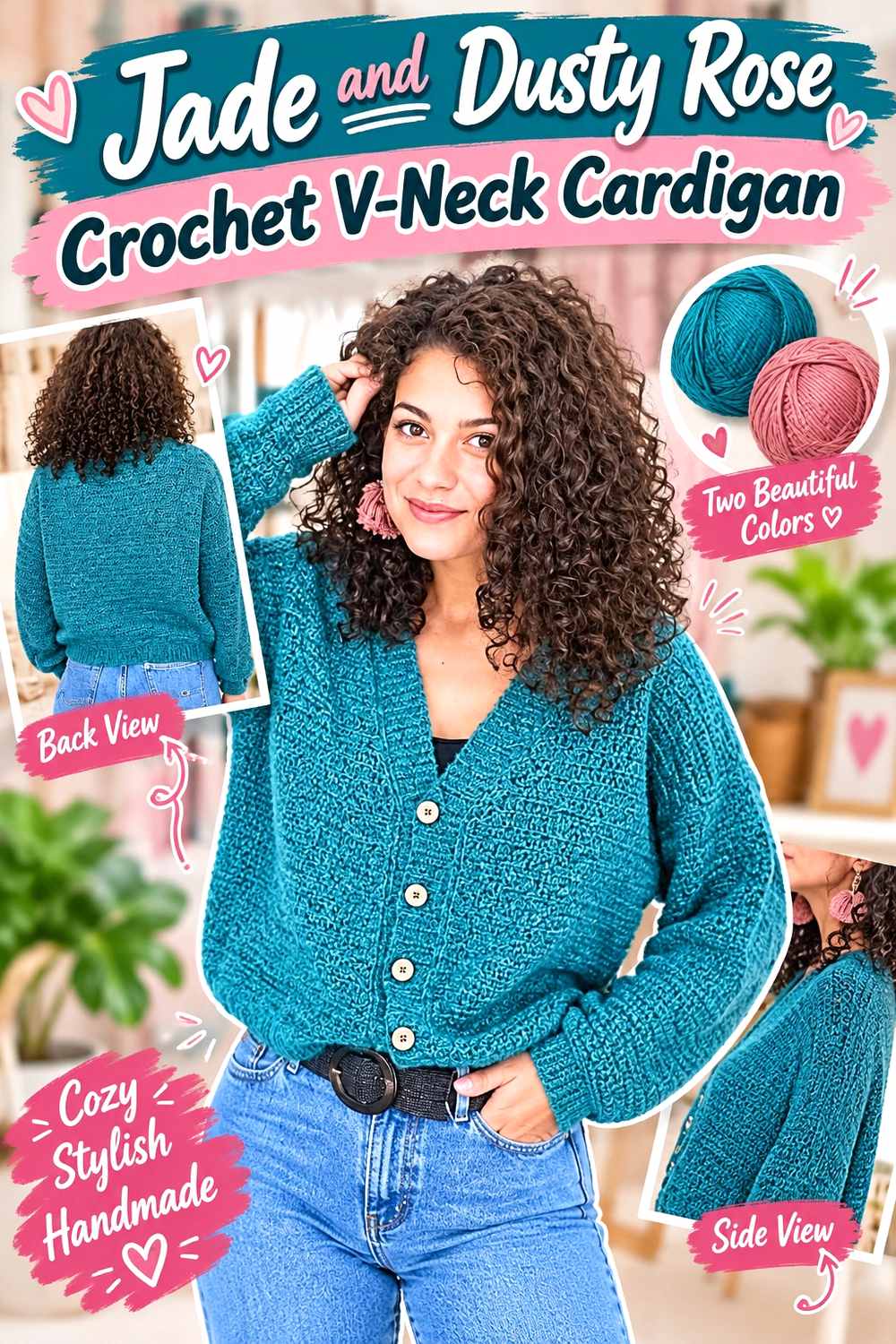 6. Jade And Dusty Rose Crochet V Neck Cardigan
