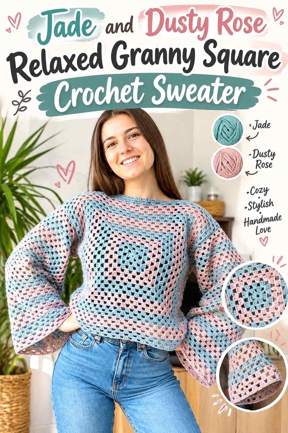 9. Jade And Dusty Rose Relaxed Granny Square Crochet Sweater