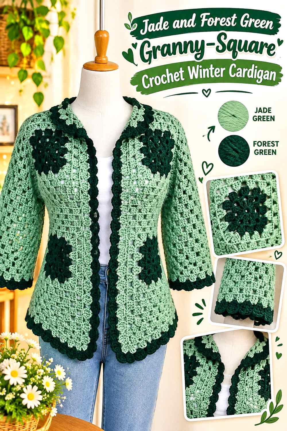 10. Jade And Forest Green Granny Square Crochet Winter Cardigan