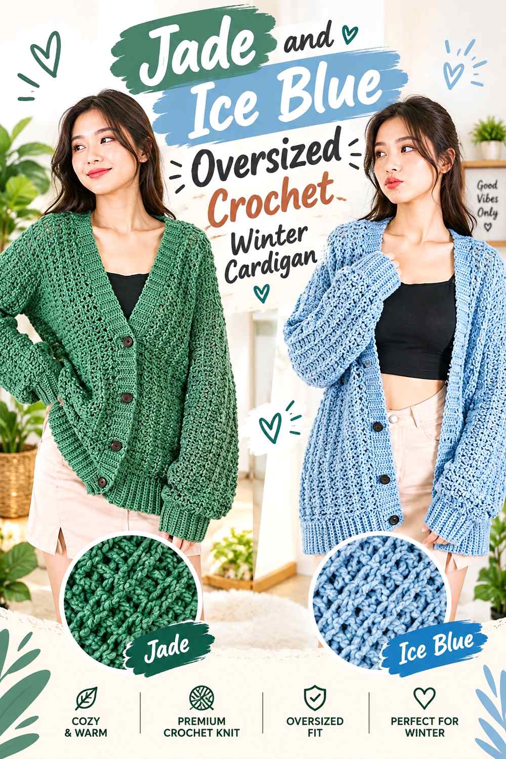 14. Jade And Ice Blue Oversized Crochet Winter Cardigan