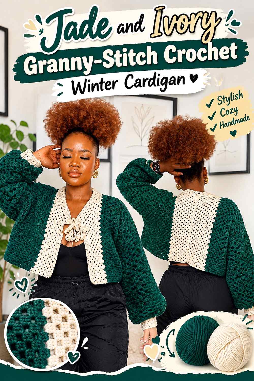 7. Jade And Ivory Granny Stitch Crochet Winter Cardigan
