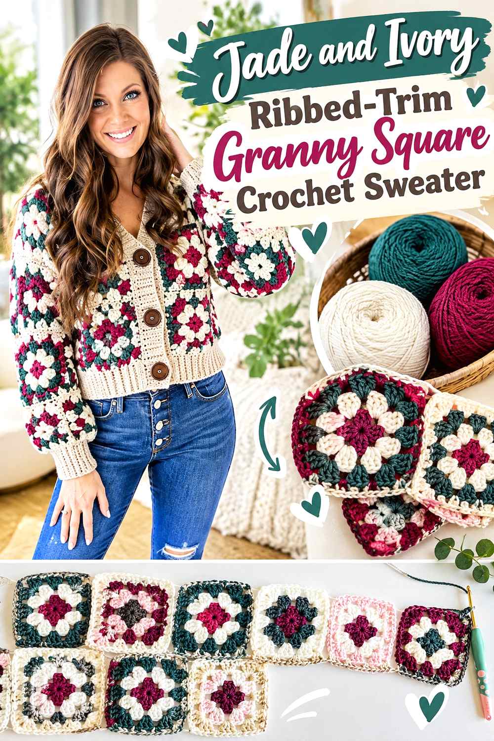 10. Jade And Ivory Ribbed Trim Granny Square Crochet Sweater
