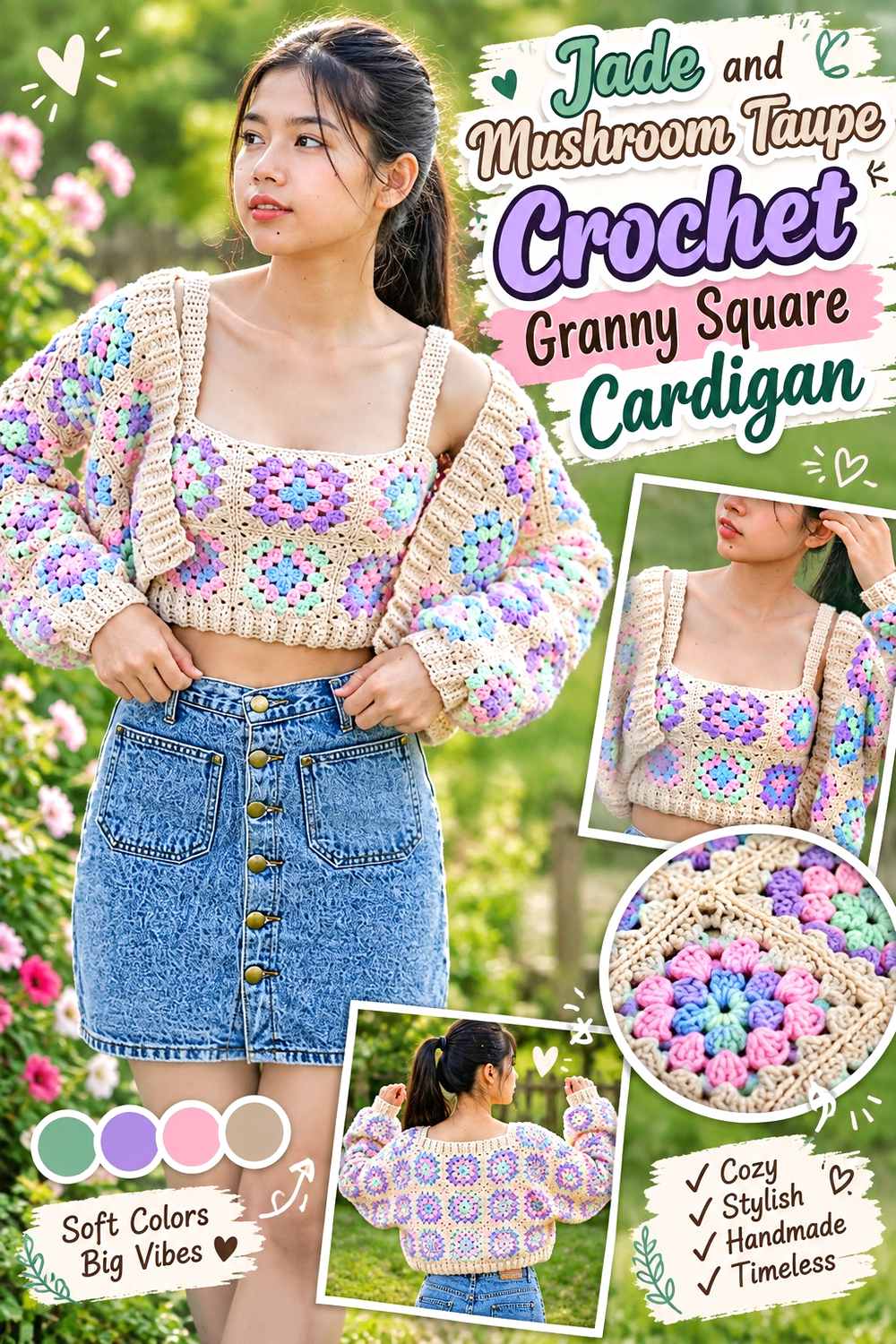 1. Jade And Mushroom Taupe Crochet Granny Square Cardigan